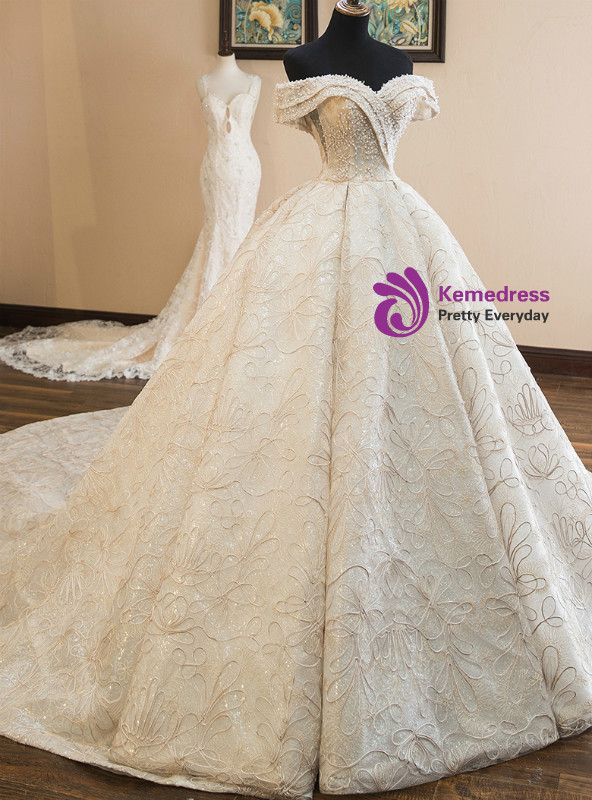 Shop 2019 Long & Short Luxury Champagne Ball Gown Lace Off The Shoulder Wedding Dress With Pearls With Factory Price From Kemedress