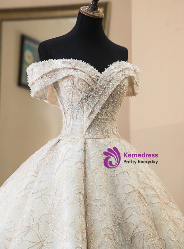 Shop 2019 Long & Short Luxury Champagne Ball Gown Lace Off The Shoulder Wedding Dress With Pearls With Factory Price From Kemedress