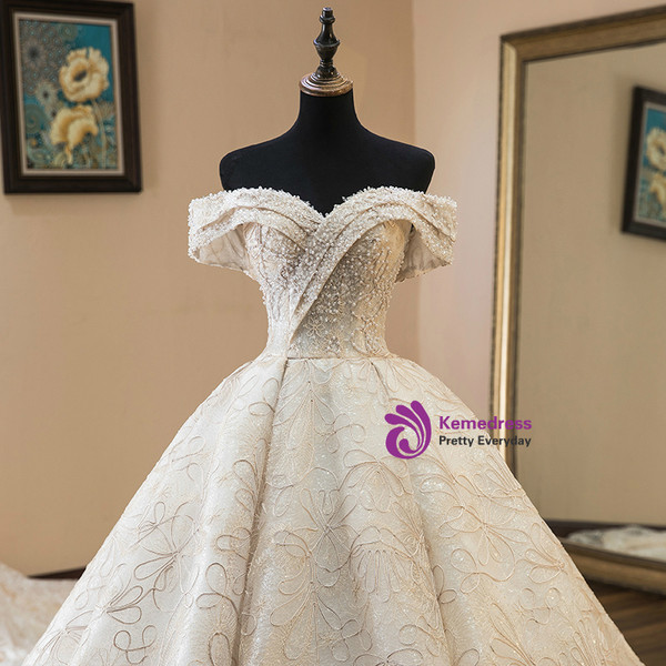 Luxury Champagne Ball Gown Lace Off The Shoulder Wedding Dress With Pearls