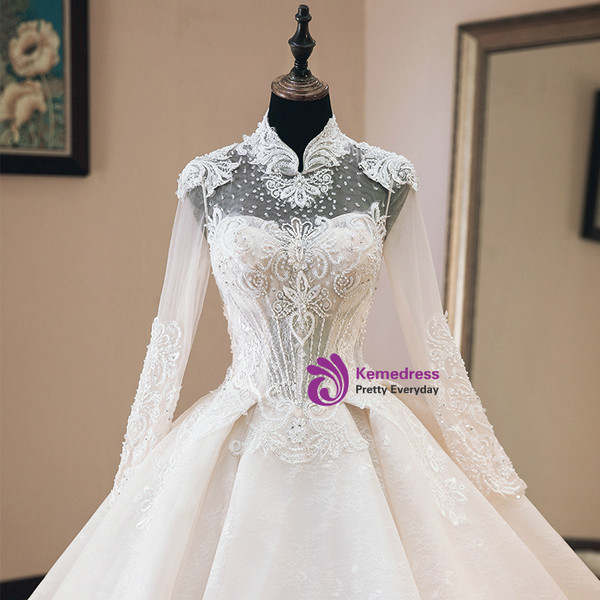 Shop 2019 Long & Short Champagne High Neck Long Sleeve Lace Appliques Beading Wedding Dress With Factory Price From Kemedress