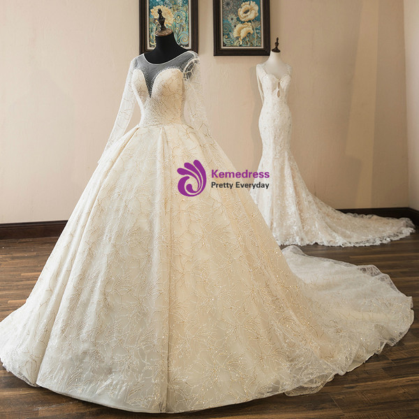 Shop 2019 Long & Short Champagne Tulle Sequins Long Sleeve Backless Wedding Dress With Beading With Factory Price From Kemedress