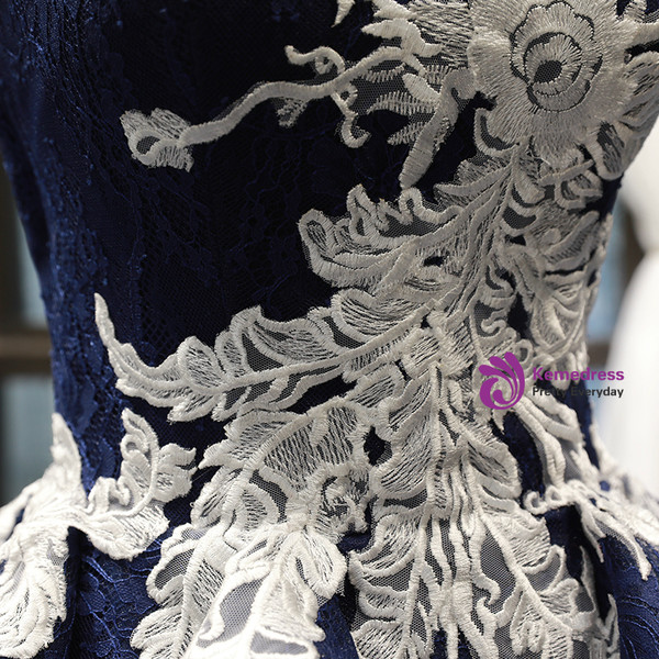 Shop 2019 Long & Short Navy Blue Ball Gown Lace White Lace Appliques Backless Prom Dress With Factory Price From Kemedress