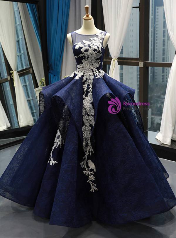 Shop 2019 Long & Short Navy Blue Ball Gown Lace White Lace Appliques Backless Prom Dress With Factory Price From Kemedress