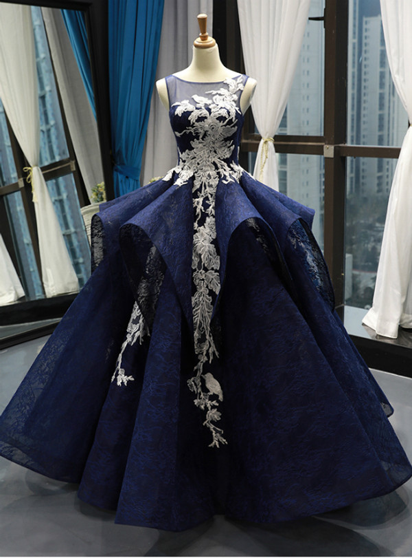 Shop 2019 Long & Short Navy Blue Ball Gown Lace White Lace Appliques Backless Prom Dress With Factory Price From Kemedress