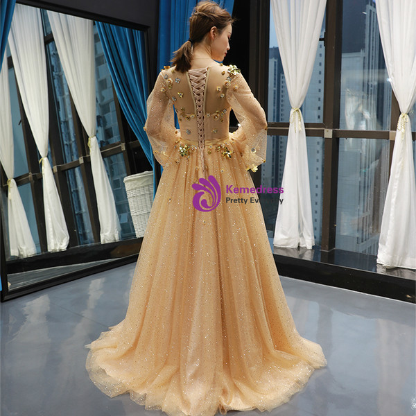 Shop 2019 Long & Short Champagne Gold Tulle Sequins Long Sleeve Appliques Prom Dress With Factory Price From Kemedress