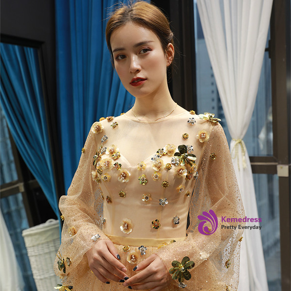 Shop 2019 Long & Short Champagne Gold Tulle Sequins Long Sleeve Appliques Prom Dress With Factory Price From Kemedress