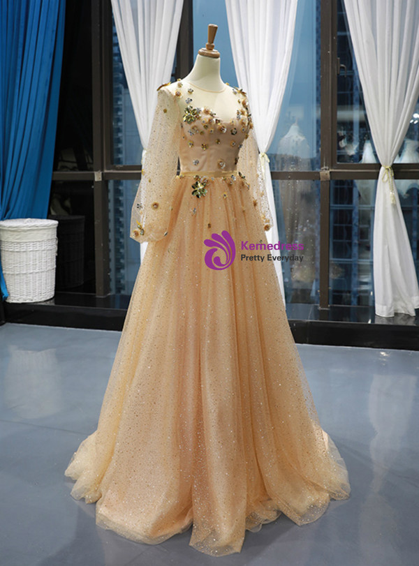 Shop 2019 Long & Short Champagne Gold Tulle Sequins Long Sleeve Appliques Prom Dress With Factory Price From Kemedress