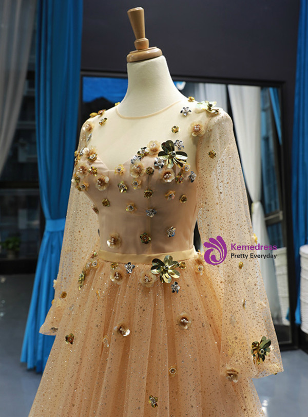 Shop 2019 Long & Short Champagne Gold Tulle Sequins Long Sleeve Appliques Prom Dress With Factory Price From Kemedress