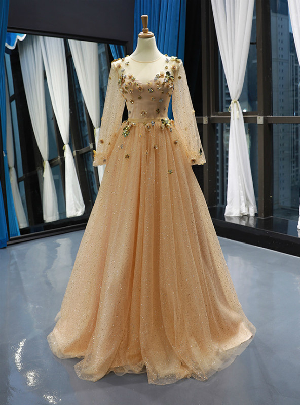 Shop 2019 Long & Short Champagne Gold Tulle Sequins Long Sleeve Appliques Prom Dress With Factory Price From Kemedress