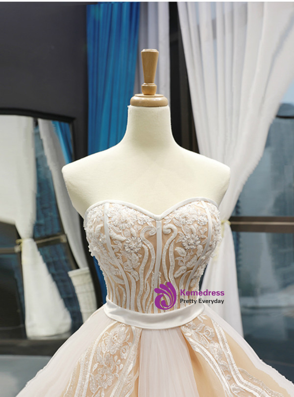 Shop 2019 Long & Short Champagne Tulle Lace Appliques Sweetheart With Beading Prom Dress With Factory Price From Kemedress