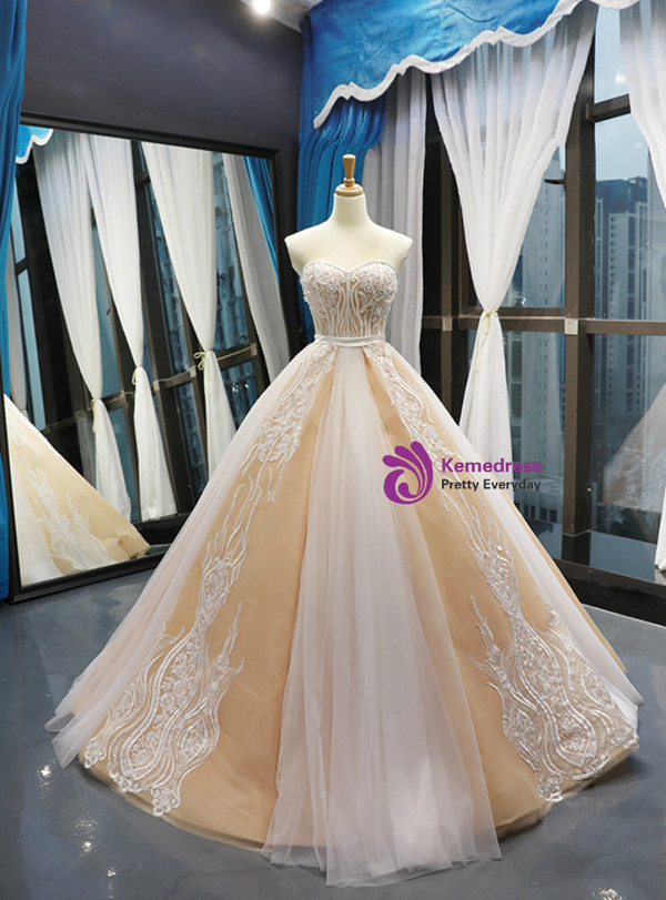 Shop 2019 Long & Short Champagne Tulle Lace Appliques Sweetheart With Beading Prom Dress With Factory Price From Kemedress