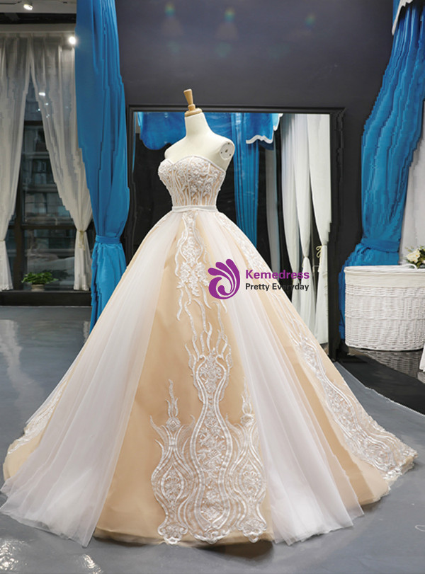 Shop 2019 Long & Short Champagne Tulle Lace Appliques Sweetheart With Beading Prom Dress With Factory Price From Kemedress