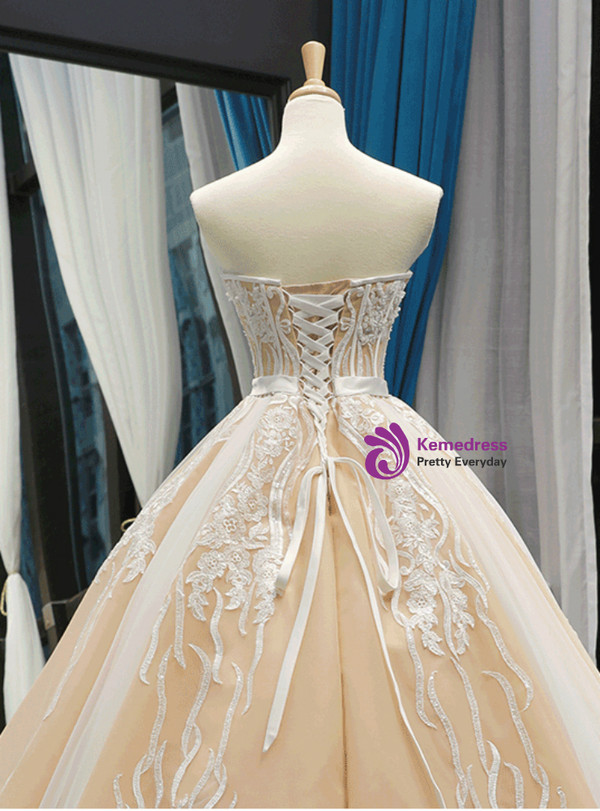 Shop 2019 Long & Short Champagne Tulle Lace Appliques Sweetheart With Beading Prom Dress With Factory Price From Kemedress