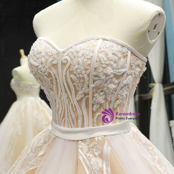 Shop 2019 Long & Short Champagne Tulle Lace Appliques Sweetheart With Beading Prom Dress With Factory Price From Kemedress