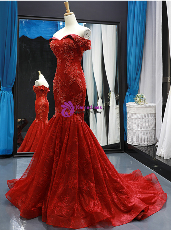 Shop 2019 Long & Short Burgundy Lace Mermaid Off The Shoulder Prom Dress With Beading With Factory Price From Kemedress