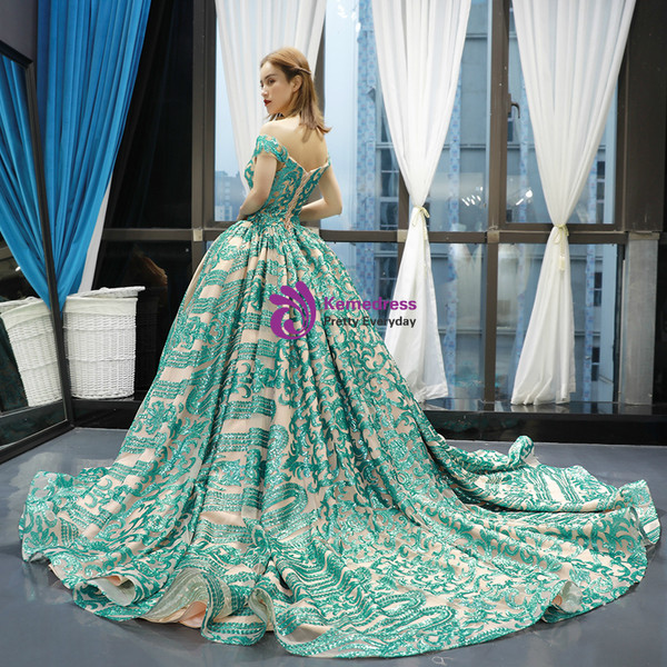 Shop 2019 Long & Short Green Ball Gown Sequins Off The Shoulder Wedding Dress With Train With Factory Price From Kemedress