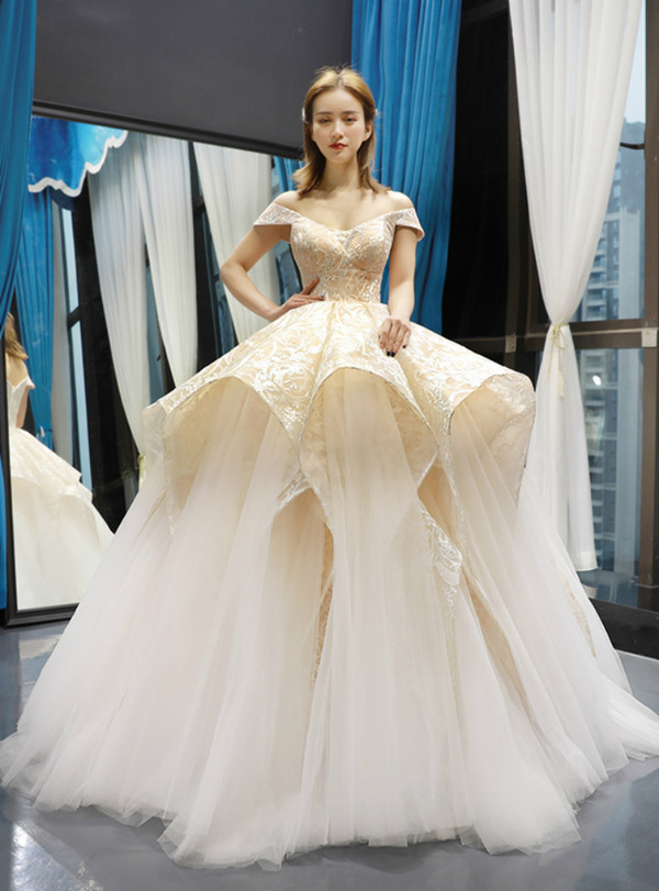 Shop 2019 Long & Short Champagne Ball Gown Tulle Lace Off The Shoulder Prom Dress With Factory Price From Kemedress