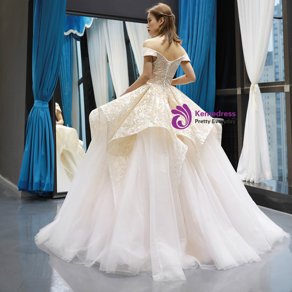 Shop 2019 Long & Short Champagne Ball Gown Tulle Lace Off The Shoulder Prom Dress With Factory Price From Kemedress
