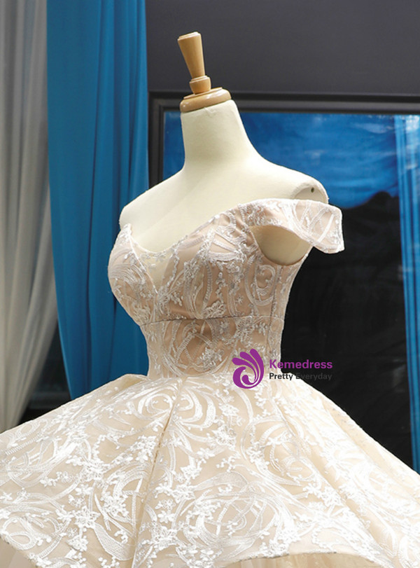 Shop 2019 Long & Short Champagne Ball Gown Tulle Lace Off The Shoulder Prom Dress With Factory Price From Kemedress