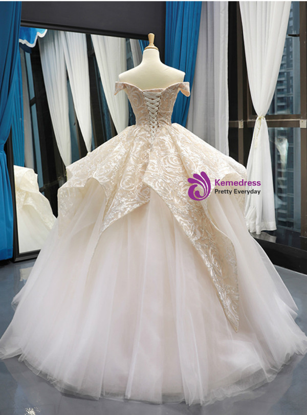Shop 2019 Long & Short Champagne Ball Gown Tulle Lace Off The Shoulder Prom Dress With Factory Price From Kemedress