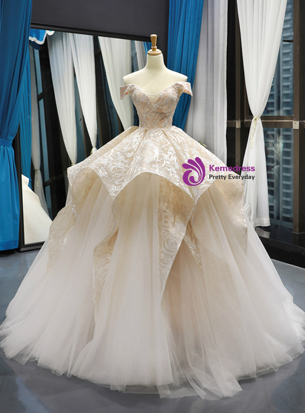Shop 2019 Long & Short Champagne Ball Gown Tulle Lace Off The Shoulder Prom Dress With Factory Price From Kemedress