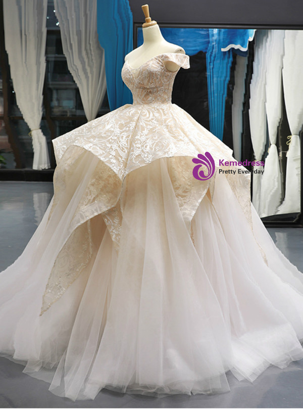Shop 2019 Long & Short Champagne Ball Gown Tulle Lace Off The Shoulder Prom Dress With Factory Price From Kemedress