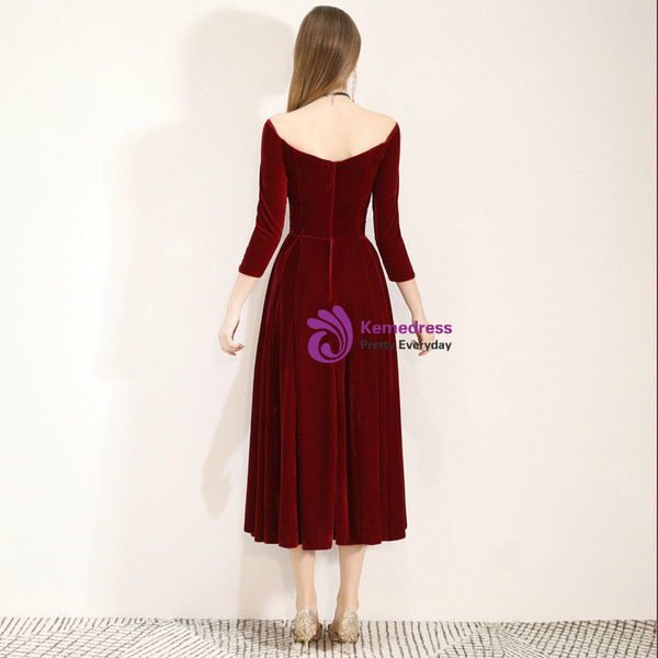 Shop 2019 Long & Short In Stock:Ship in 48 Hours Burgundy Velvet Off the Shoulder 3/4 Sleeve Prom Dress With Factory Price From Kemedress