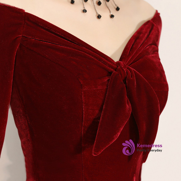 Shop 2019 Long & Short In Stock:Ship in 48 Hours Burgundy Velvet Off the Shoulder 3/4 Sleeve Prom Dress With Factory Price From Kemedress