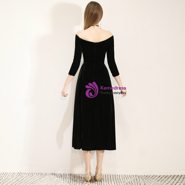 Shop 2019 Long & Short In Stock:Ship in 48 Hours Black Velvet Off the Shoulder 3/4 Sleeve Prom Dress With Factory Price From Kemedress