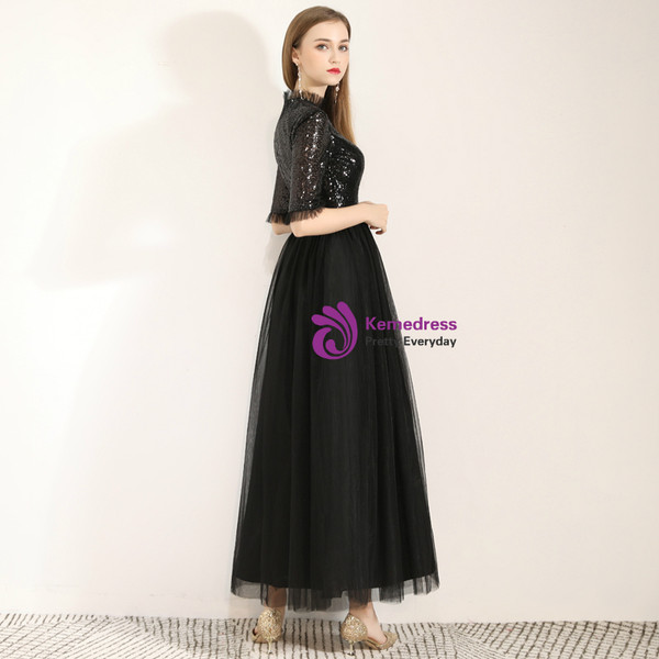 Shop 2019 Long & Short In Stock:Ship in 48 Hours Black Tulle Sequins Half Sleeve Long Prom Dress With Factory Price From Kemedress