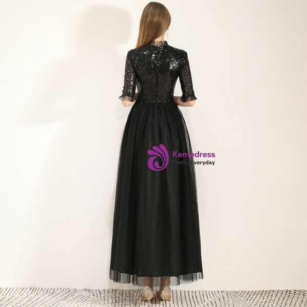 Shop 2019 Long & Short In Stock:Ship in 48 Hours Black Tulle Sequins Half Sleeve Long Prom Dress With Factory Price From Kemedress