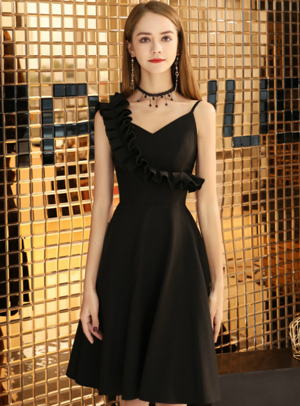 Shop 2019 Long & Short In Stock:Ship in 48 Hours Black Satin Asymmetrical Neck Homecoming Dress With Factory Price From Kemedress