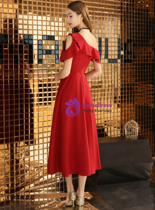 Shop 2019 Long & Short In Stock:Ship in 48 Hours Burgundy One Shoulder Tea Length Prom Dress With Factory Price From Kemedress