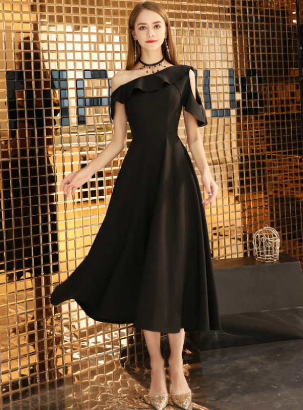 Shop 2019 Long & Short In Stock:Ship in 48 Hours Black One Shoulder Tea Length Prom Dress With Factory Price From Kemedress