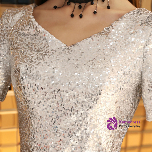 Shop 2019 Long & Short In Stock:Ship in 48 Hours White Tulle Sequins V-neck Tea Length Prom Dress With Factory Price From Kemedress