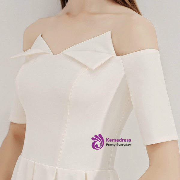 Shop 2019 Long & Short In Stock:Ship in 48 Hours Light Champagne Satin Off The Shoulder Short Sleeve Prom Dress With Factory Price From Kemedress