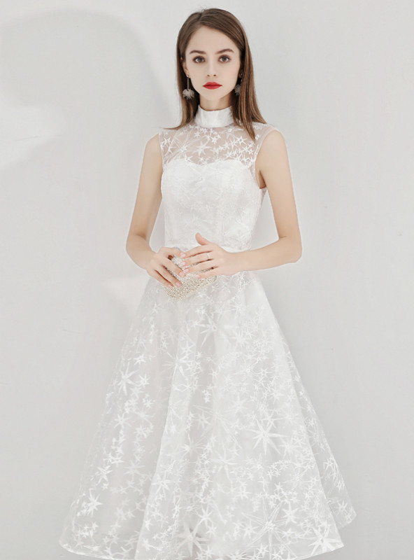 Shop 2019 Long & Short In Stock:Ship in 48 Hours White Lace High Neck Short Prom Dress With Factory Price From Kemedress