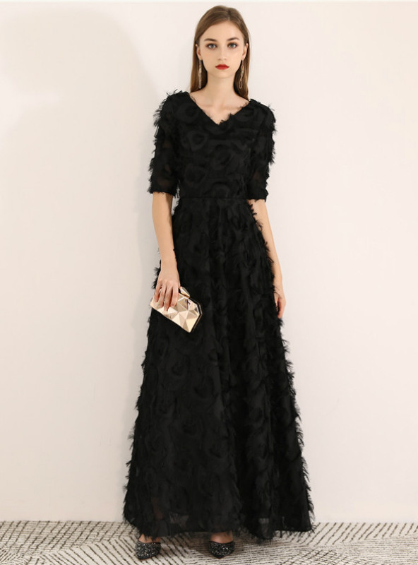 Shop 2019 Long & Short In Stock:Ship in 48 Hours Black V-neck Short Sleeve Prom Dress With Factory Price From Kemedress