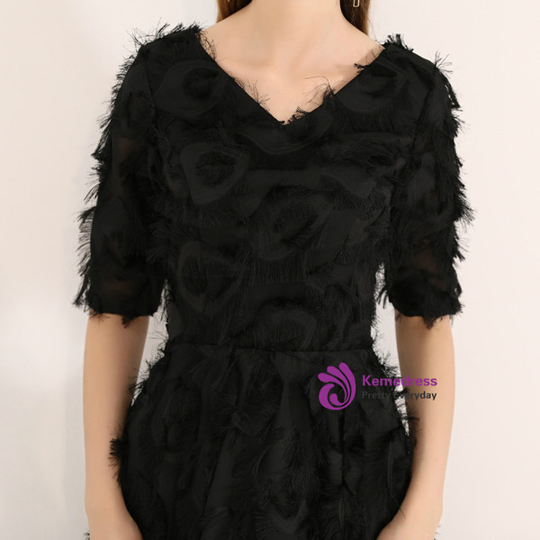 Shop 2019 Long & Short In Stock:Ship in 48 Hours Black V-neck Short Sleeve Prom Dress With Factory Price From Kemedress