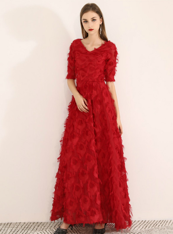 Shop 2019 Long & Short  In Stock:Ship in 48 Hours Burgundy V-neck Short Sleeve Prom Dress With Factory Price From Kemedress