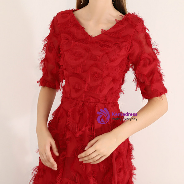 Shop 2019 Long & Short  In Stock:Ship in 48 Hours Burgundy V-neck Short Sleeve Prom Dress With Factory Price From Kemedress