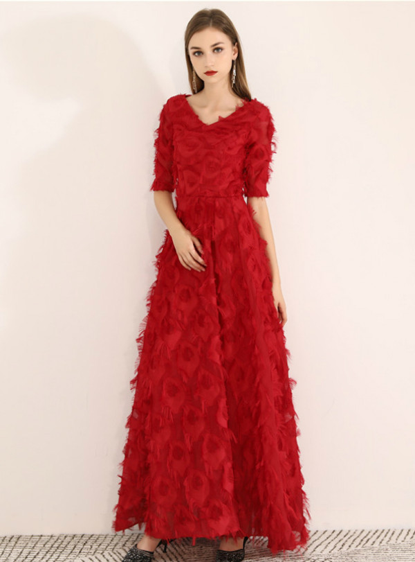 Shop 2019 Long & Short In Stock:Ship in 48 Hours Burgundy V-neck Short Sleeve Prom Dress With Factory Price From Kemedress