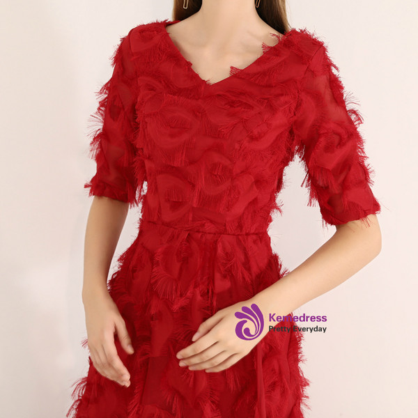 Shop 2019 Long & Short In Stock:Ship in 48 Hours Burgundy V-neck Short Sleeve Prom Dress With Factory Price From Kemedress