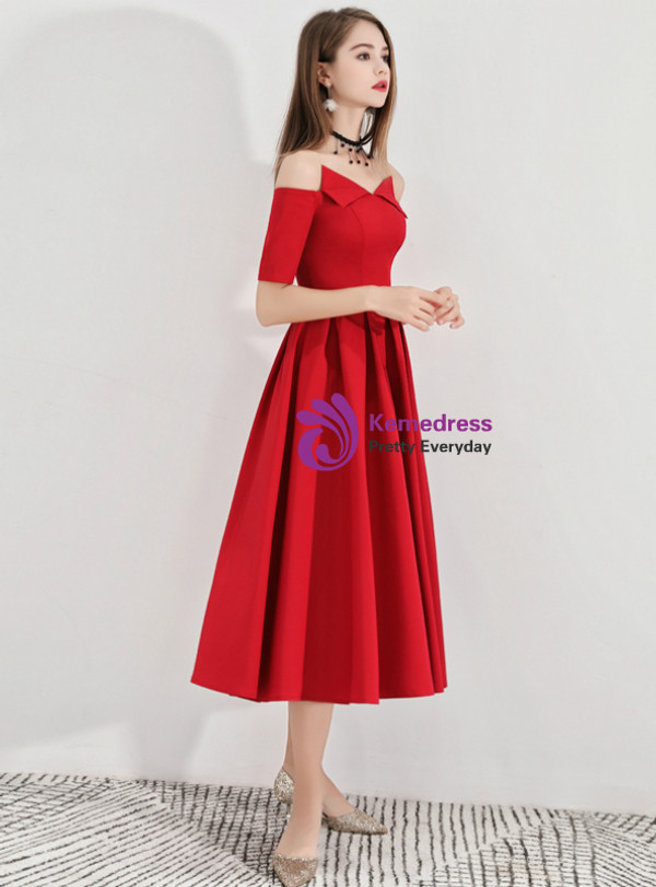 Shop 2019 Long & Short In Stock:Ship in 48 Hours Light Burgundy Satin Off The Shoulder Short Sleeve Prom Dress With Factory Price From Kemedress