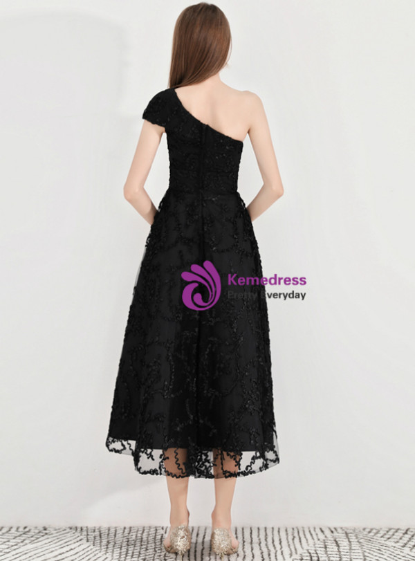 Shop 2019 Long & Short In Stock:Ship in 48 Hours Black Lace One Shoulder Prom Dress With Factory Price From Kemedress