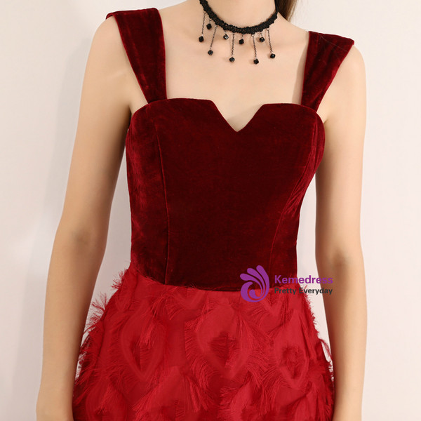 Shop 2019 Long & Short In Stock:Ship in 48 Hours Burgundy Straps Velvet Tea Length Prom Dress With Factory Price From Kemedress