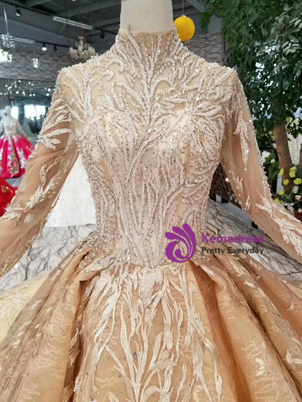 Shop 2019 Long & Short Gold Ball Gown Tulle Appliques High Neck Long Sleeve Wedding Dress With Factory Price From Kemedress