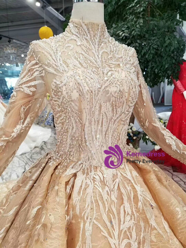 Shop 2019 Long & Short Gold Ball Gown Tulle Appliques High Neck Long Sleeve Wedding Dress With Factory Price From Kemedress