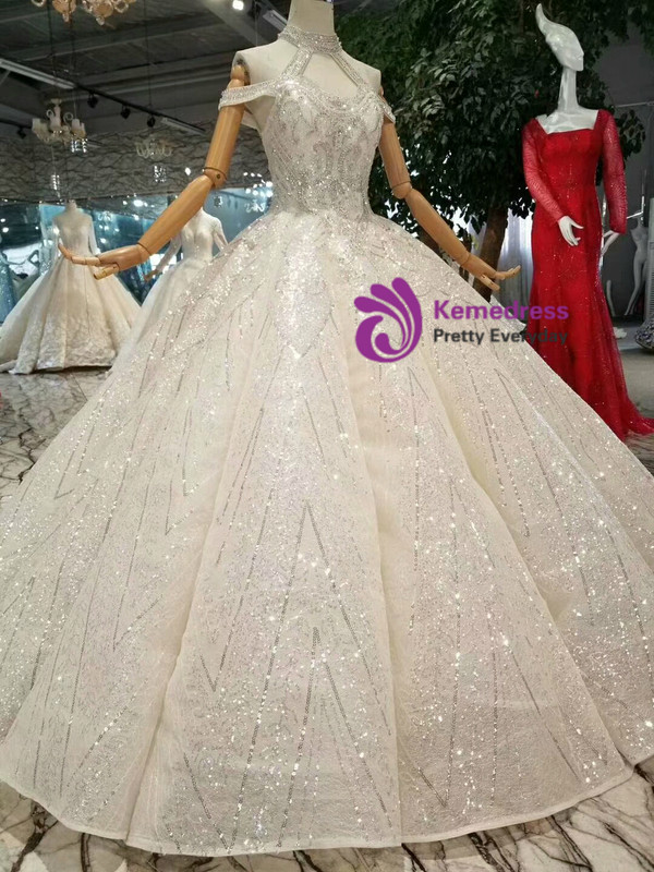 Shop 2019 Long & Short Light Champagne High Neck Backless Floor Length Wedding Dress With Beading With Factory Price From Kemedress