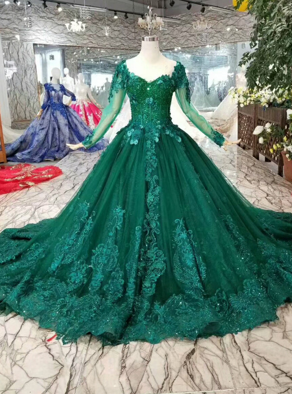 Shop 2019 Long & Short Green Ball Gown Tulle Appliques Long Sleeve Wedding Dress With Beading With Factory Price From Kemedress
